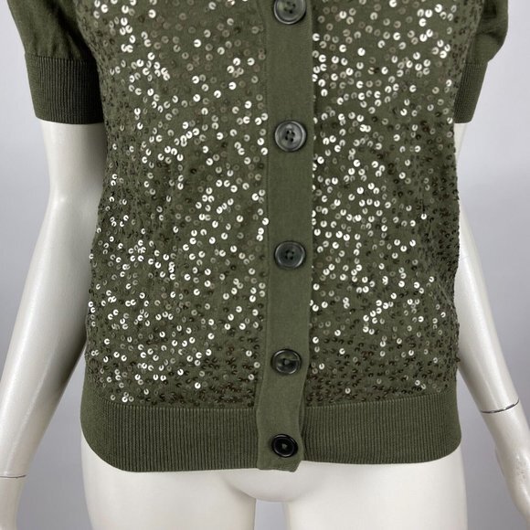 Talbots Short Sleeve Sequin Cardigan Button-up Stretch Cotton Green Women XS NWT - Picture 6 of 8